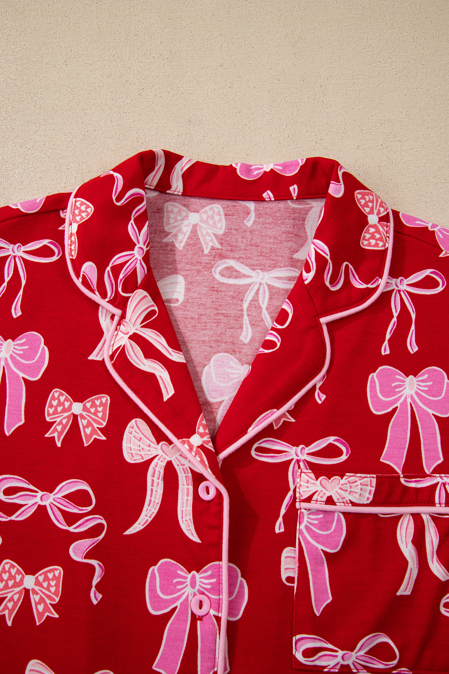 Red Sweet Bow Print Shirt Style Top Long 2pcs Pajama Set - loveforevers