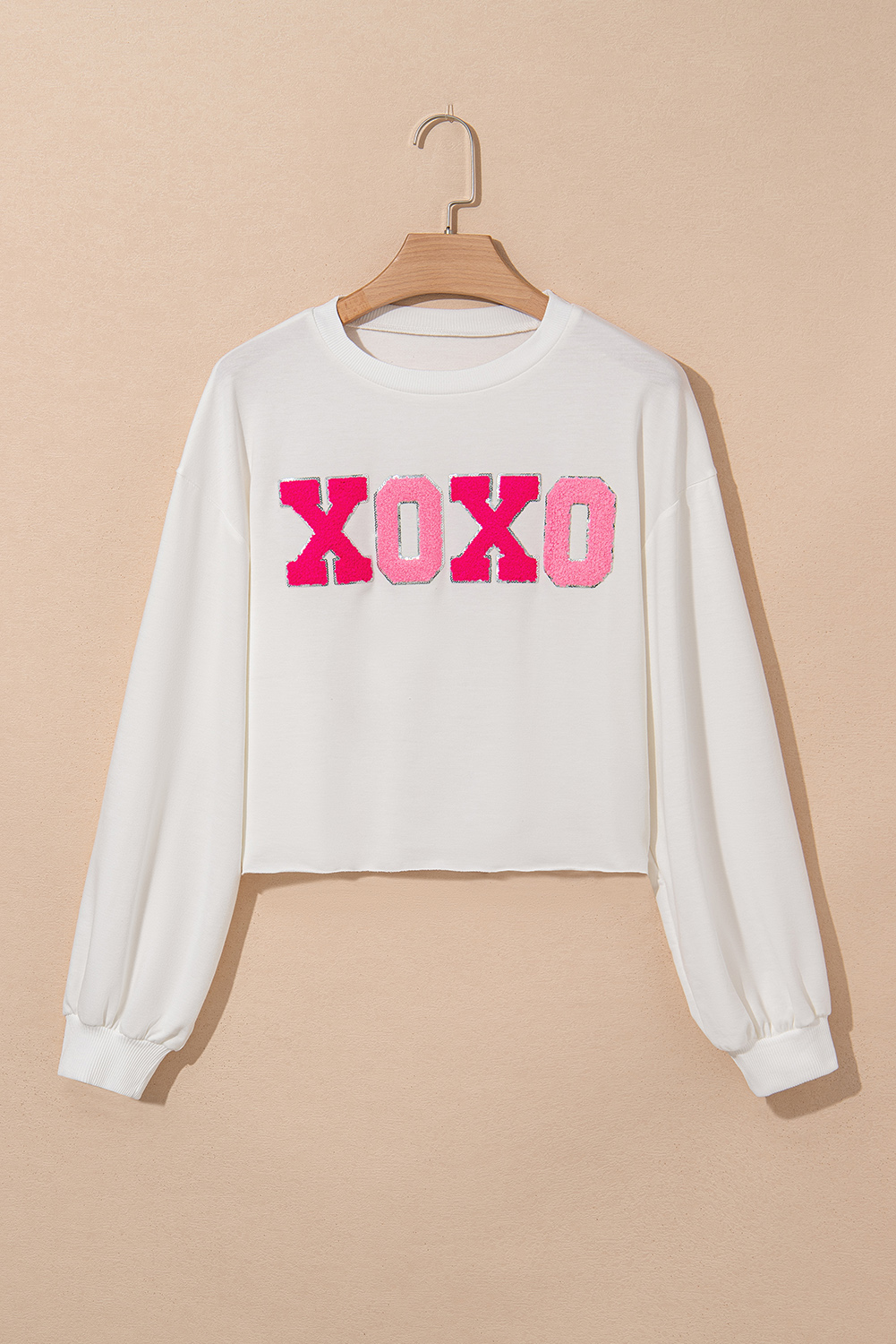 White XOXO Chenille Letter Graphic Valentine Pullover Sweatshirt - loveforevers
