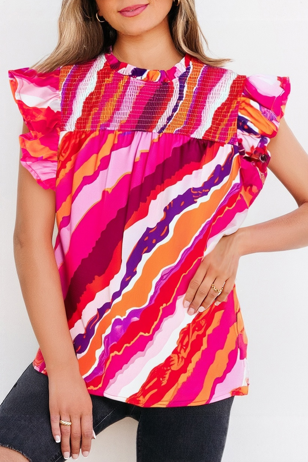 Rose Abstract Print Shirred Yoke Ruffled Blouse - loveforevers