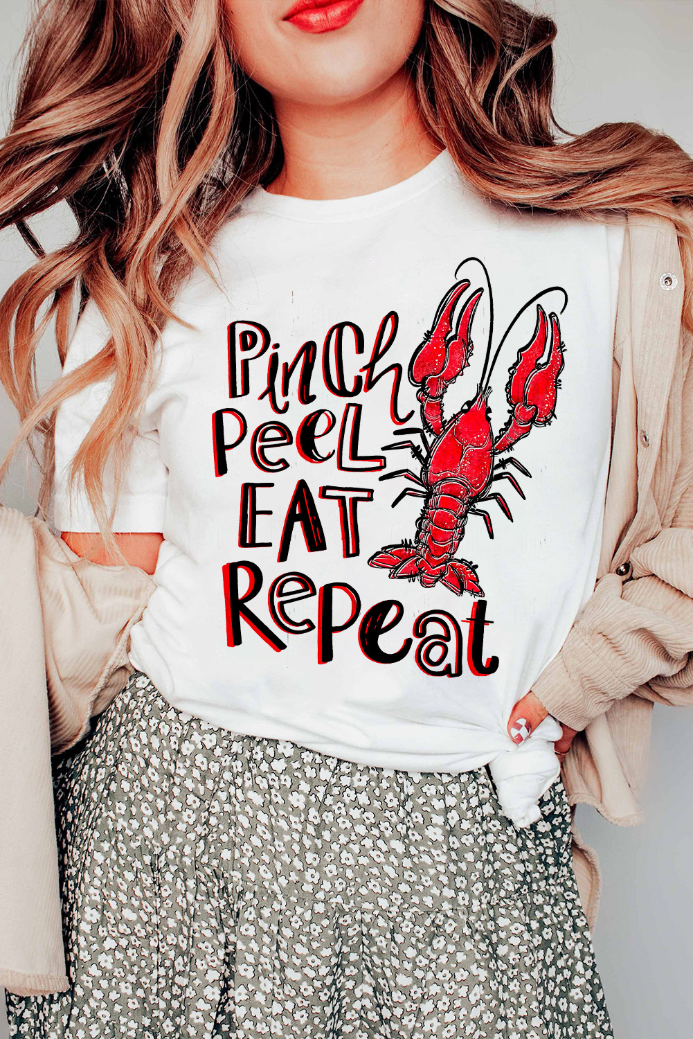 White Pinch Peel Eat Repeat Crawfish Print Crew Neck Tee - loveforevers