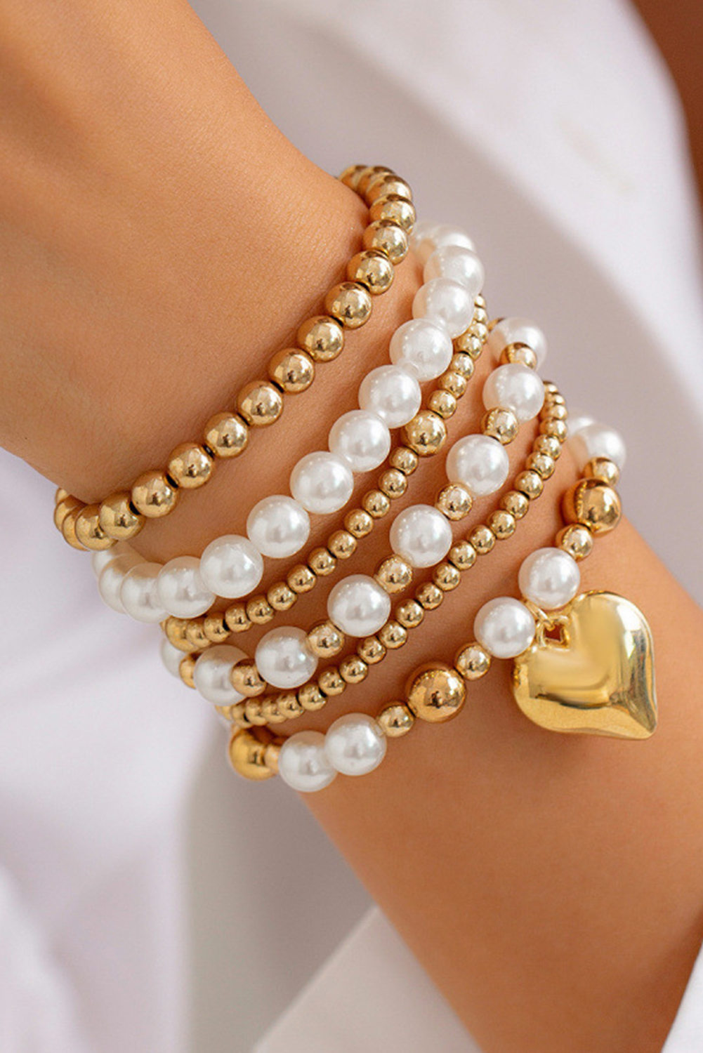 Gold Plated Heart Charm Pearl Beading Multilayer Bracelet - loveforevers