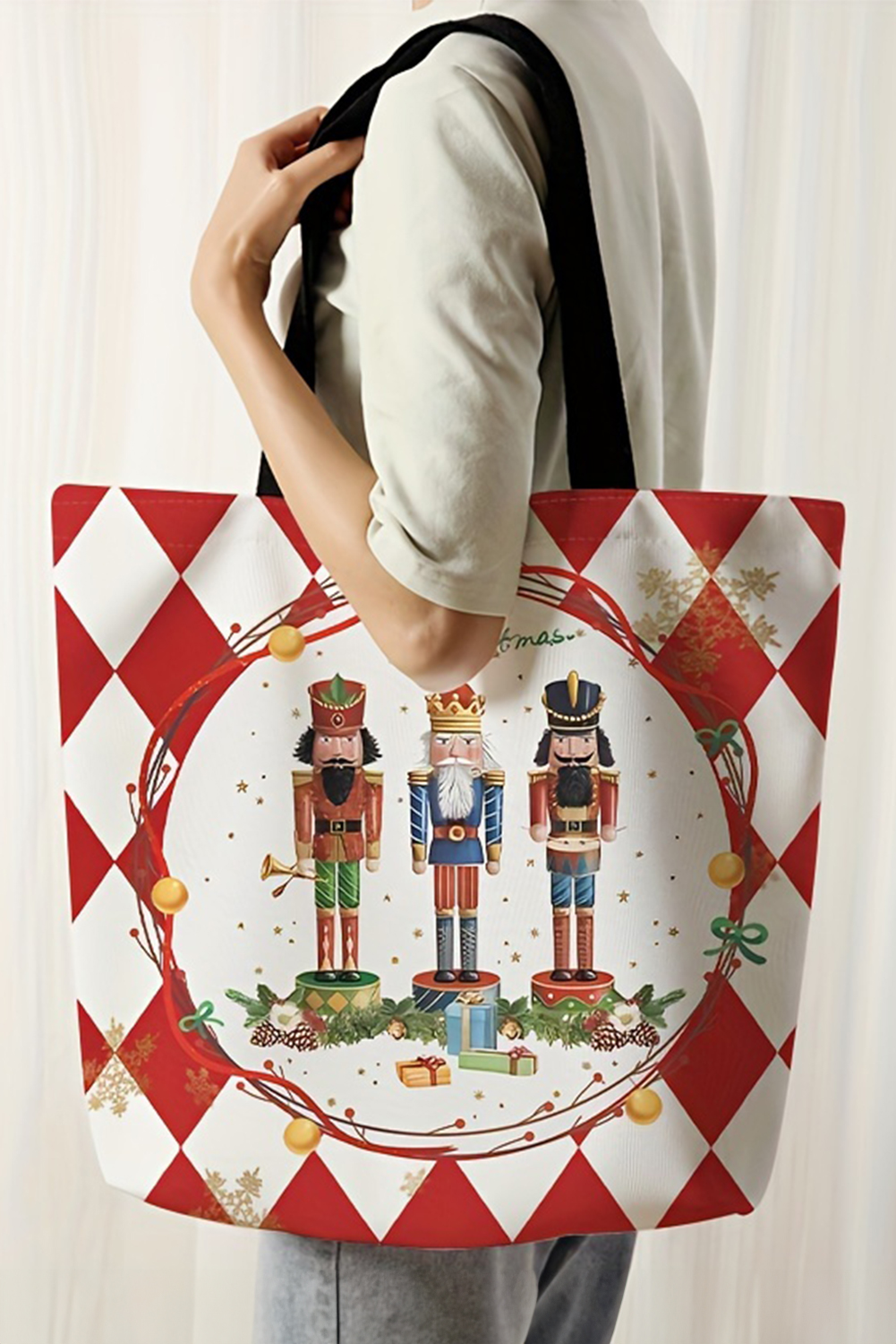Fiery Red Checkered Merry Christmas Nutcracker Printed Canvas Shoulder Bag - loveforevers