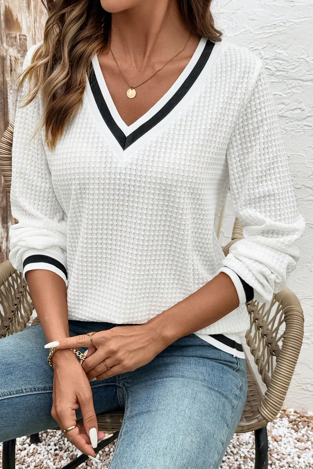 White Textured Knit Preppy Striped Trim V Neck Pullover Waffle Top - loveforevers