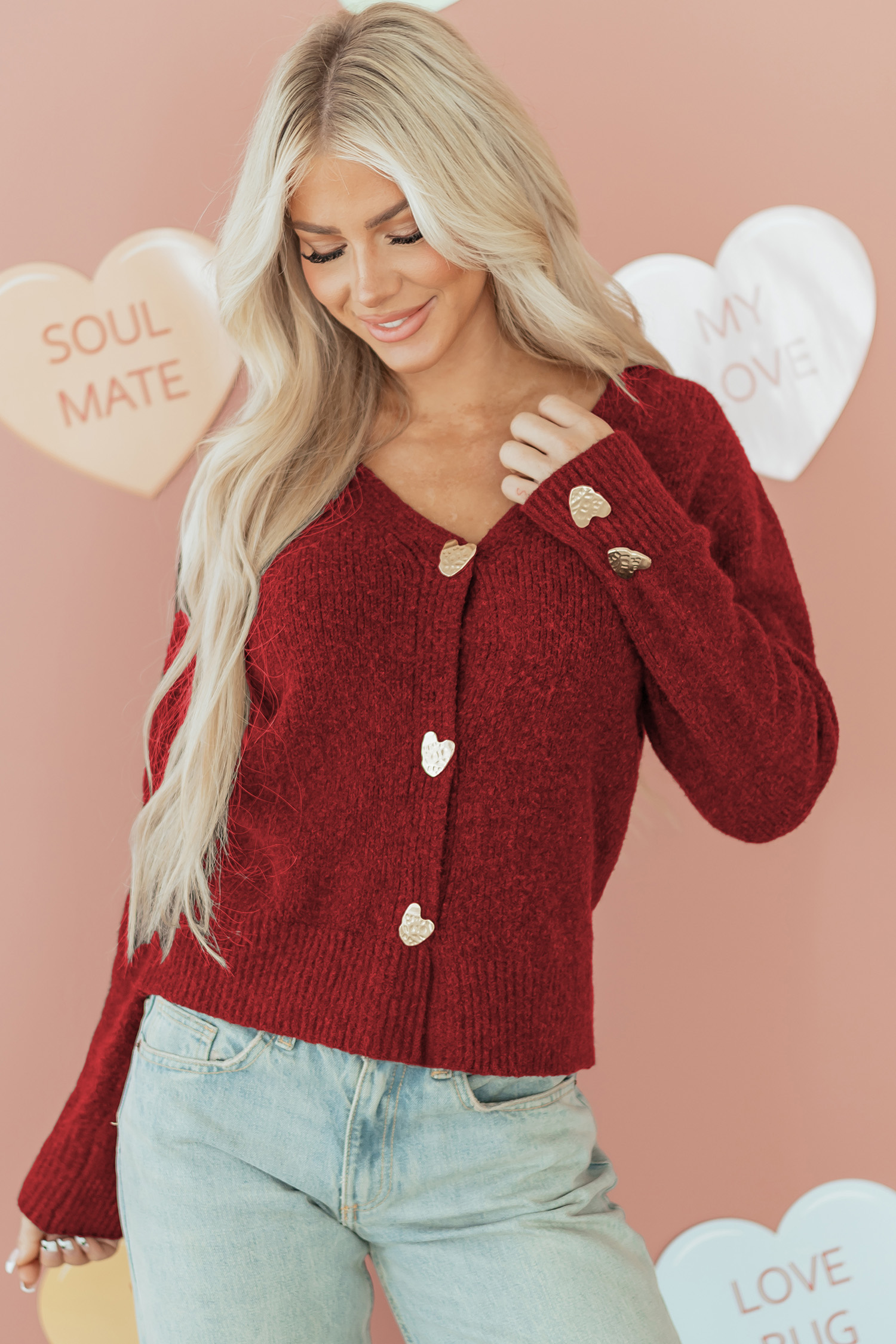 Fiery Red Heart Metal Button V Neck Cardigan Sweater - loveforevers