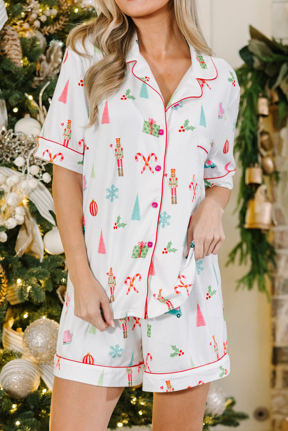 White Christmas Print Short Sleeve Shirt and Shorts Pajama Set - loveforevers