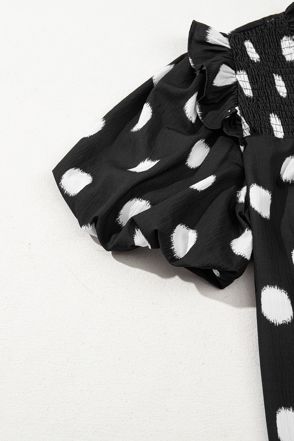 Black Polka Dot Print Shirred Yoke Notched Neck Balloon Sleeve Blouse - loveforevers