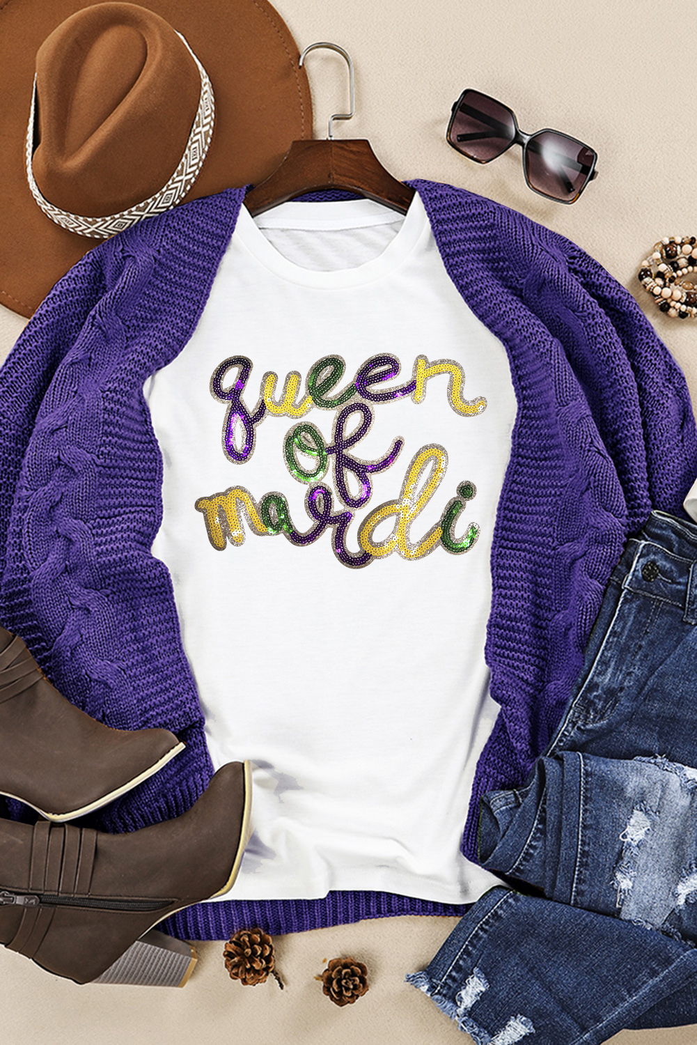 White queen of mardi Sequin Letter Graphic T Shirt - loveforevers