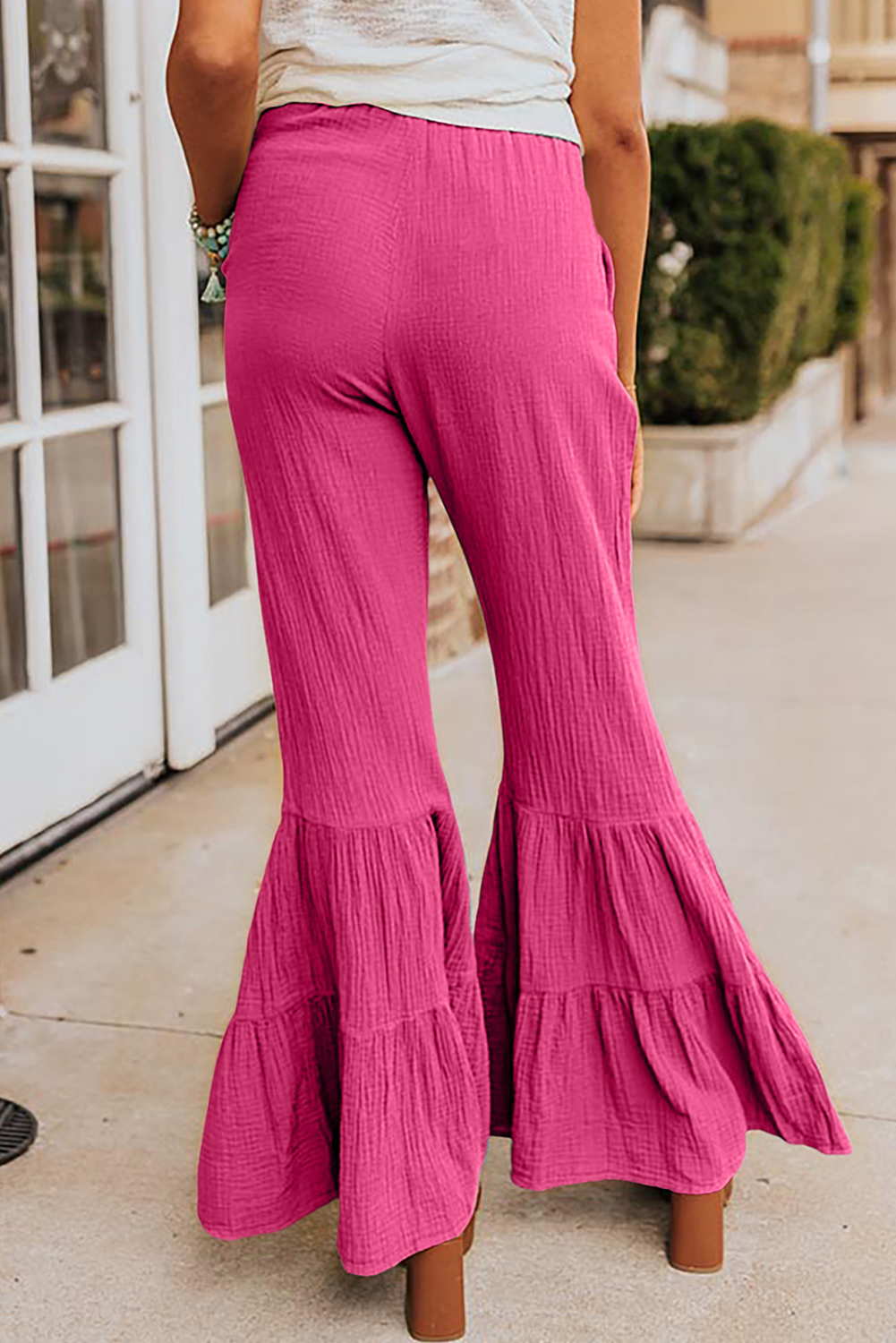 Rose Textured High Waist Ruffled Bell Bottom Pants - loveforevers