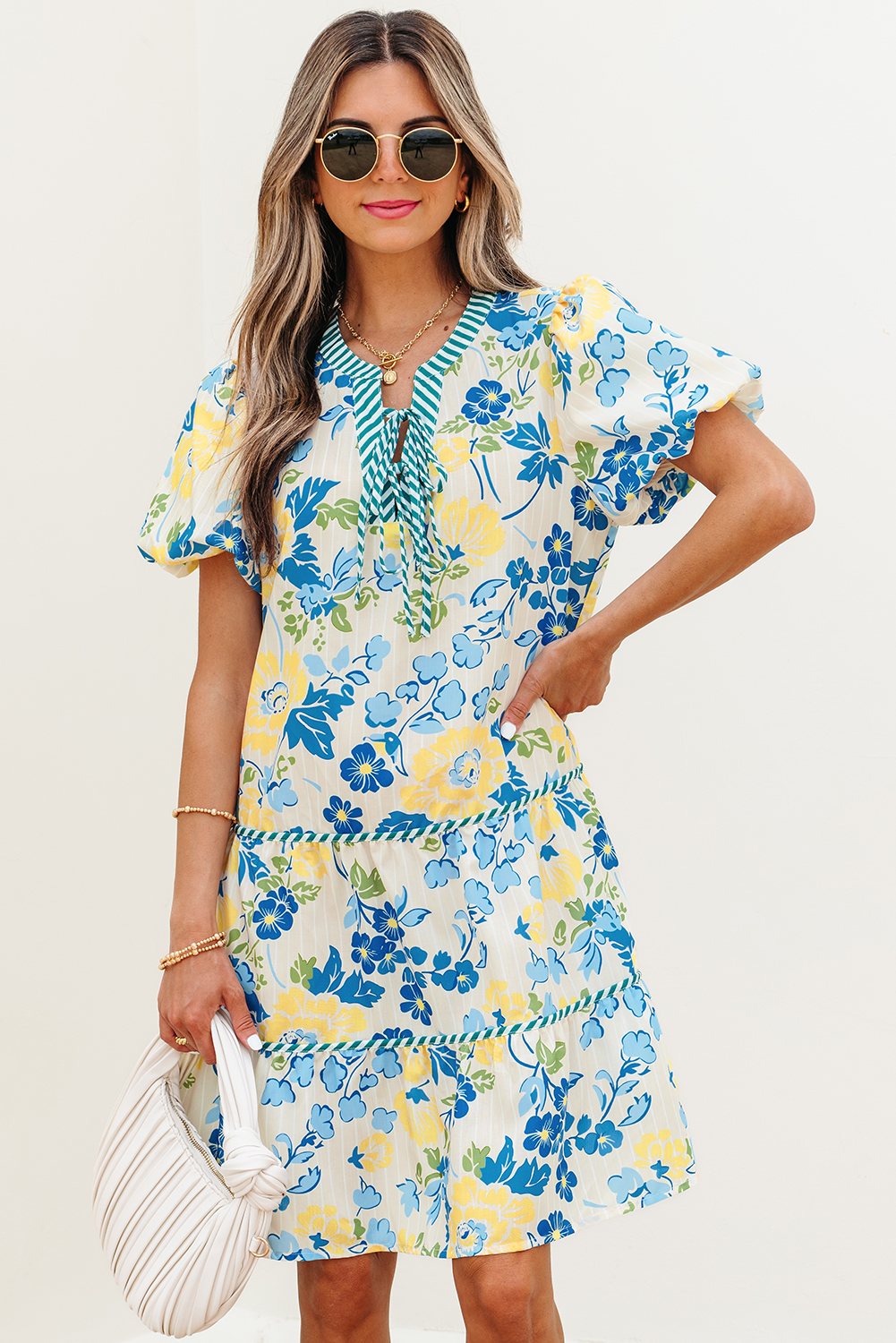 Blue Floral Striped Trim Puff Short Sleeve Dress - loveforevers