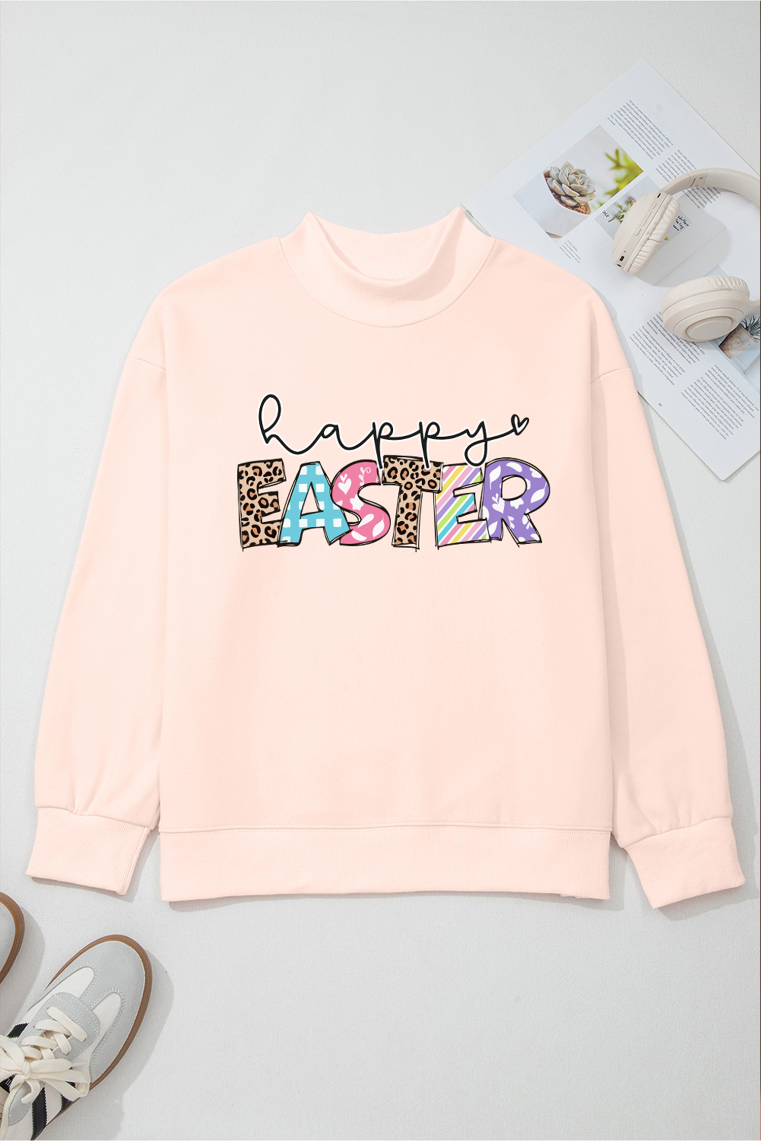 Apricot Pink Happy Easter Playful Letter Printed Sweatshirt - loveforevers