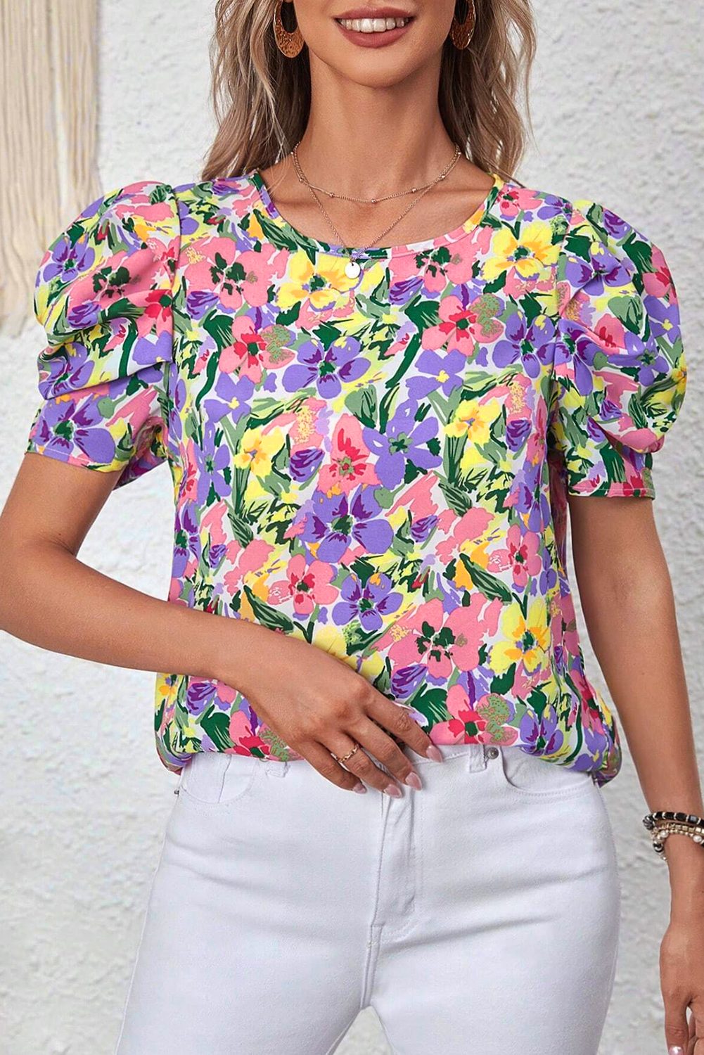 Purple Floral Print Puff Short Sleeve Crew Neck Blouse - loveforevers
