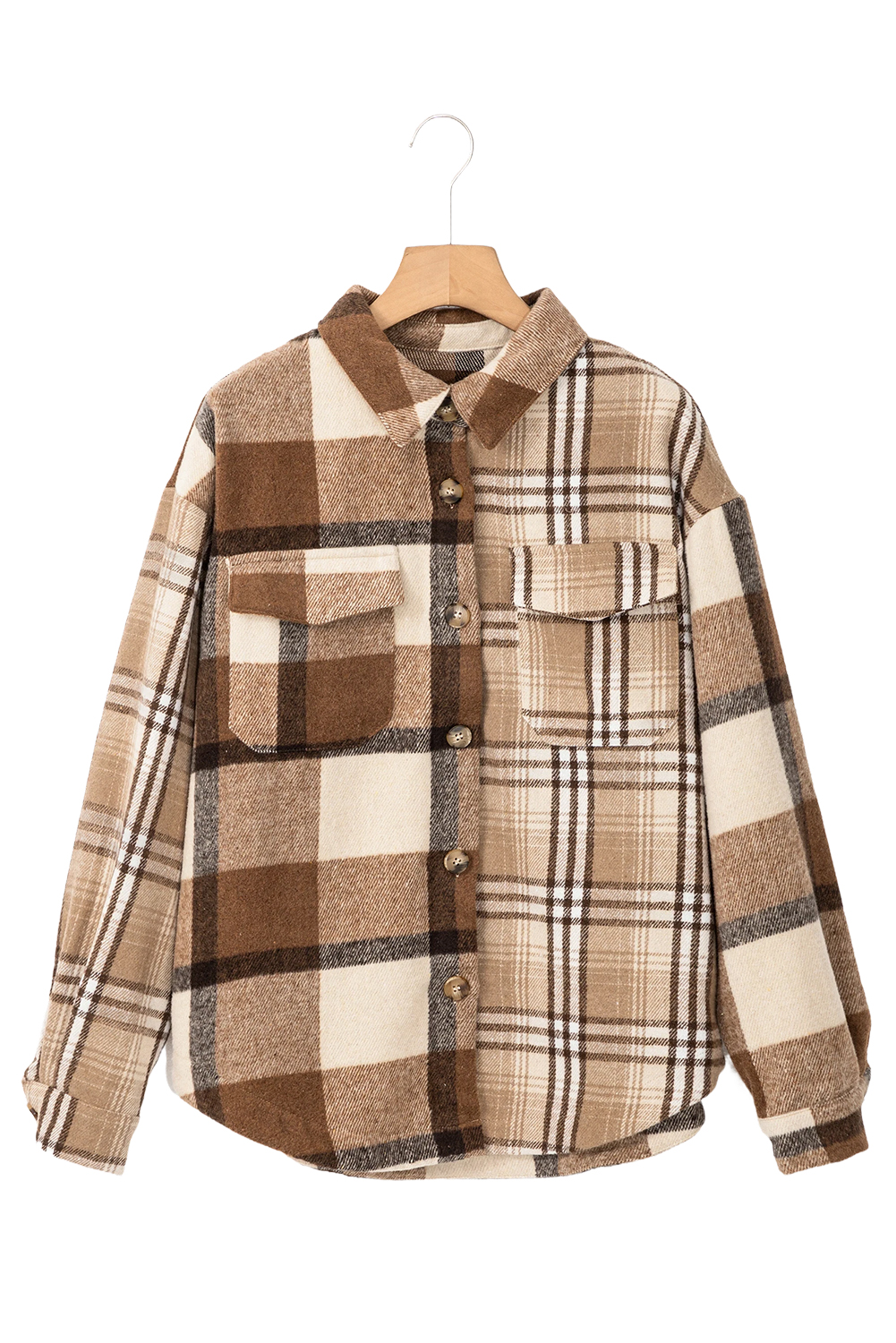 Light French Beige Flannel Plaid Double Flap Pocket Shacket - loveforevers
