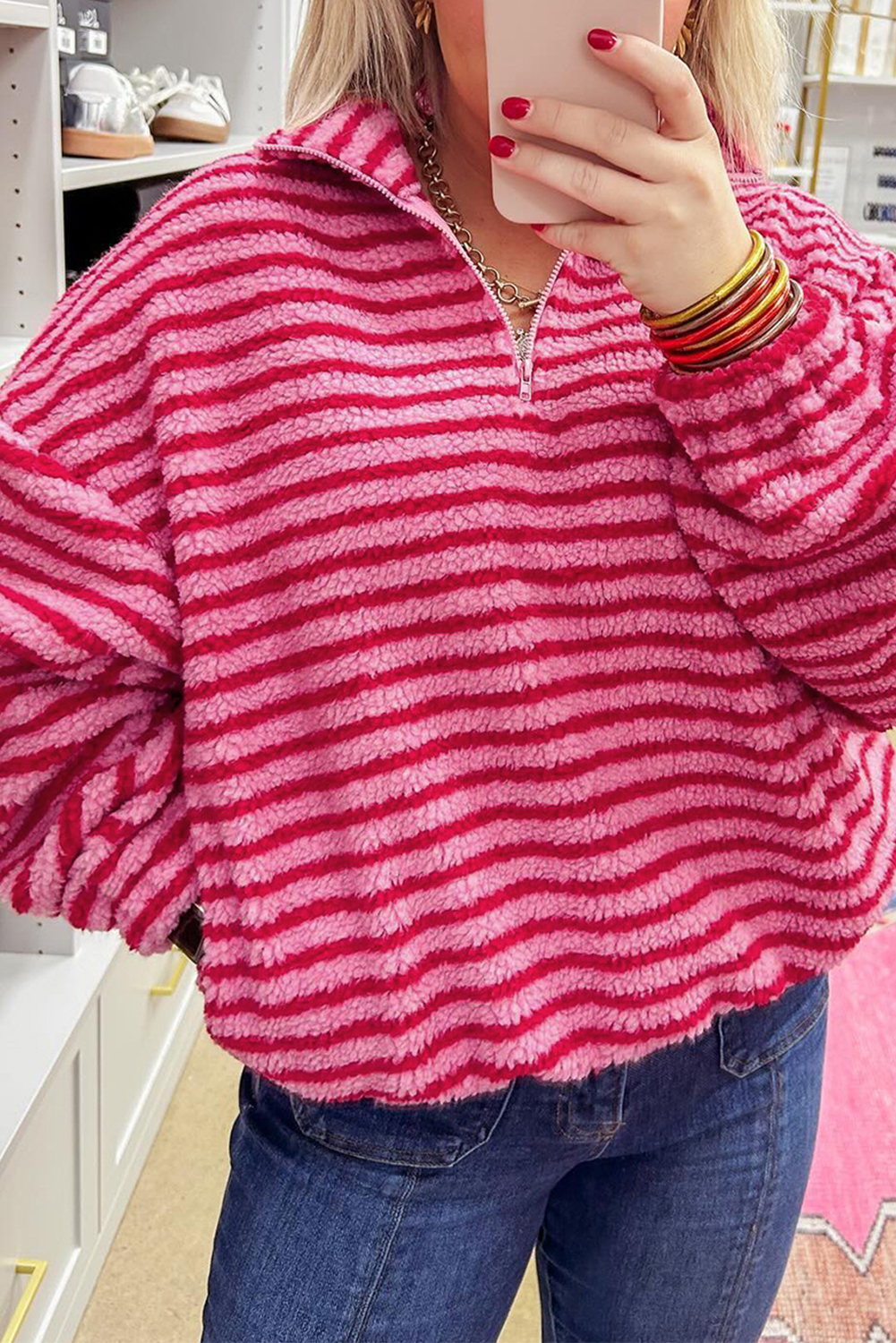 Pink Stripe Quarter Zip Fleece Oversize Sweatshirt - loveforevers