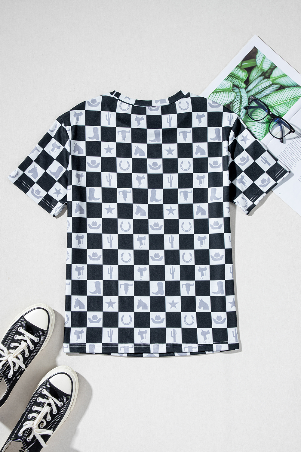 Black Western Fashion Checkerboard Print Side Split T Shirt - loveforevers