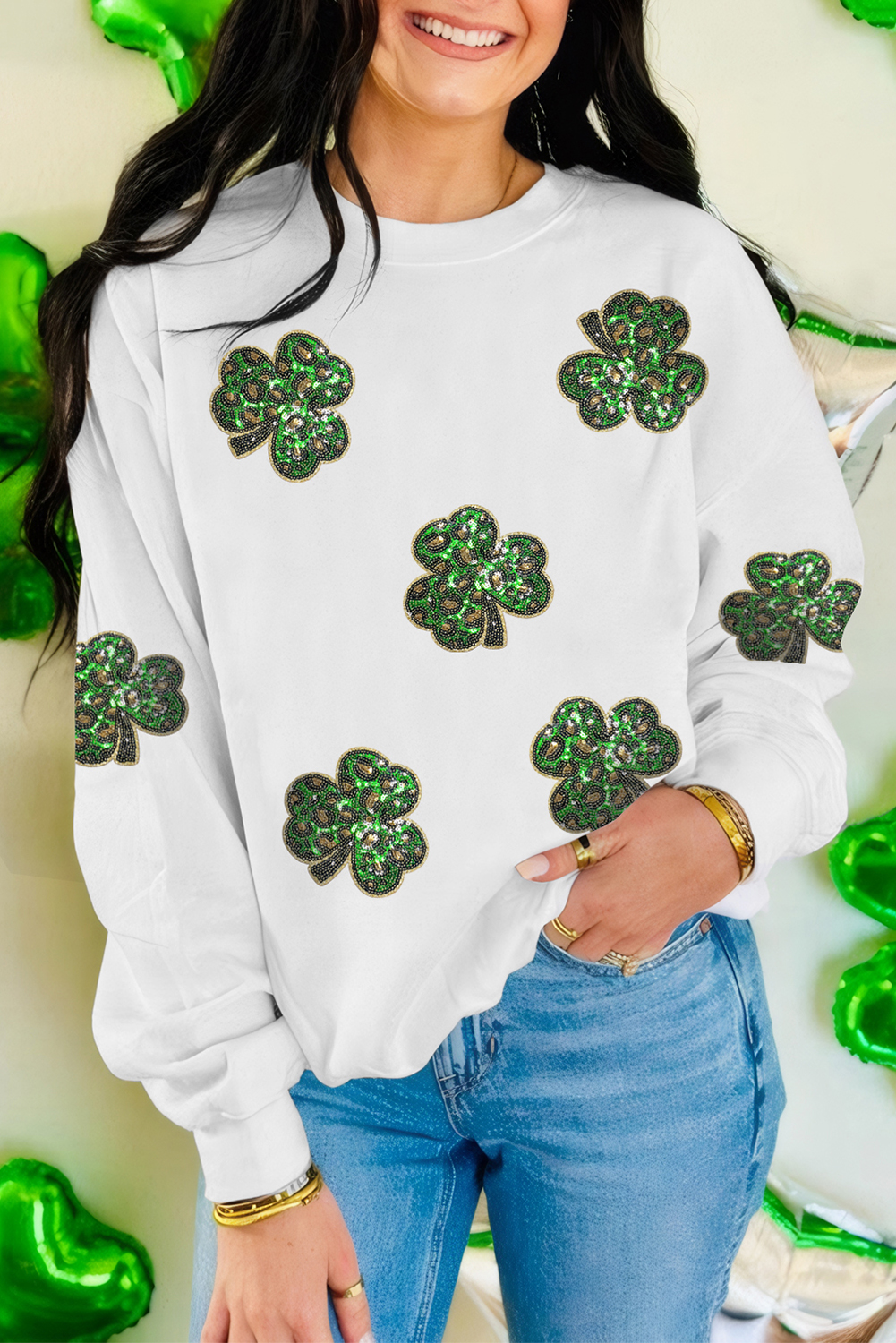 White Sequin Clover Patched Pattern St Patrick Pullover Sweatshirt - loveforevers