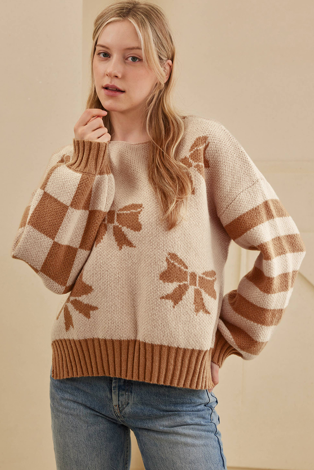 Straw Yellow Ribbon Bow Print Checkered Striped Sleeve Drop Shoulder Sweater - loveforevers