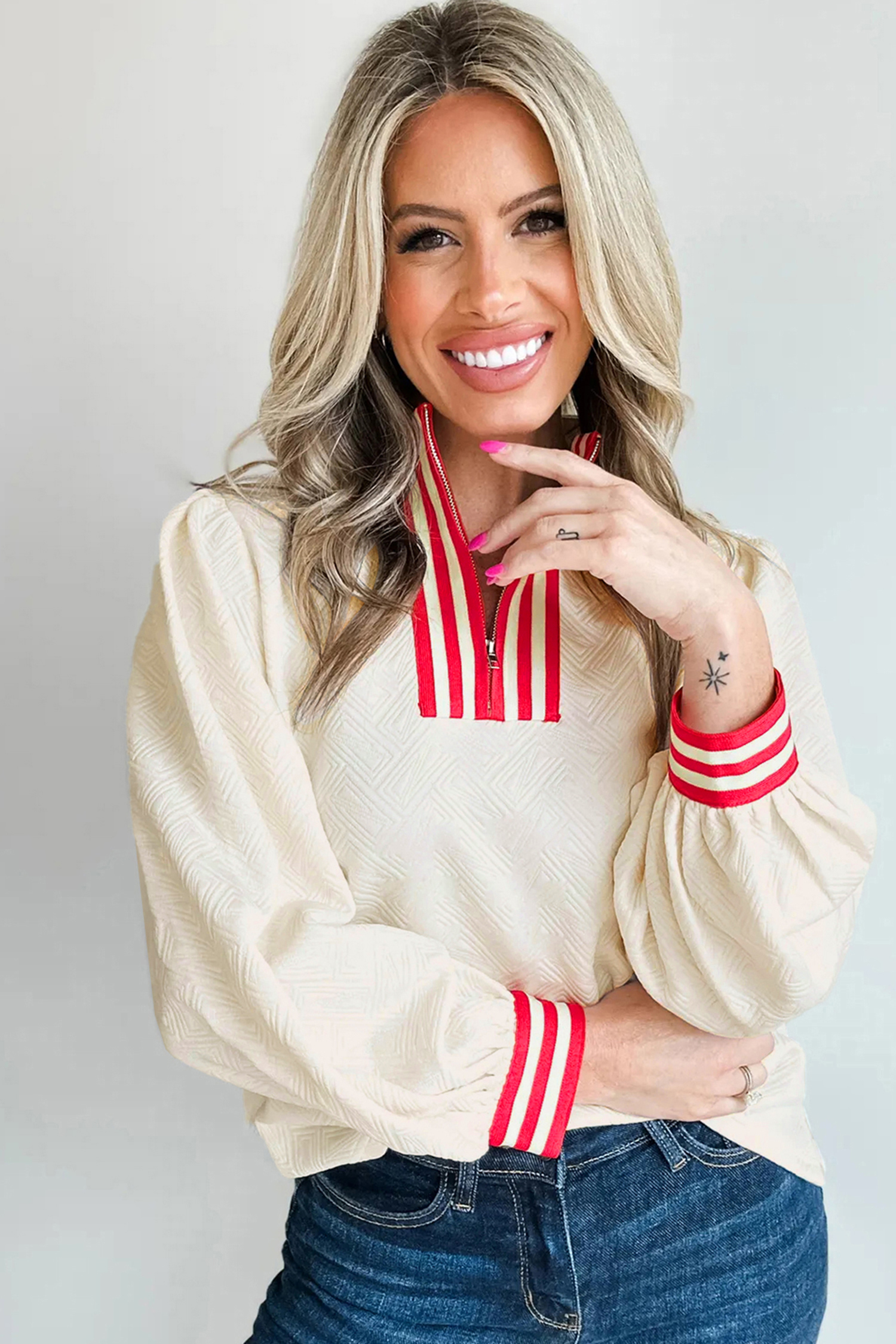 White Textured Knit Contrast Striped Accent Zipped Collar Pullover Top - loveforevers