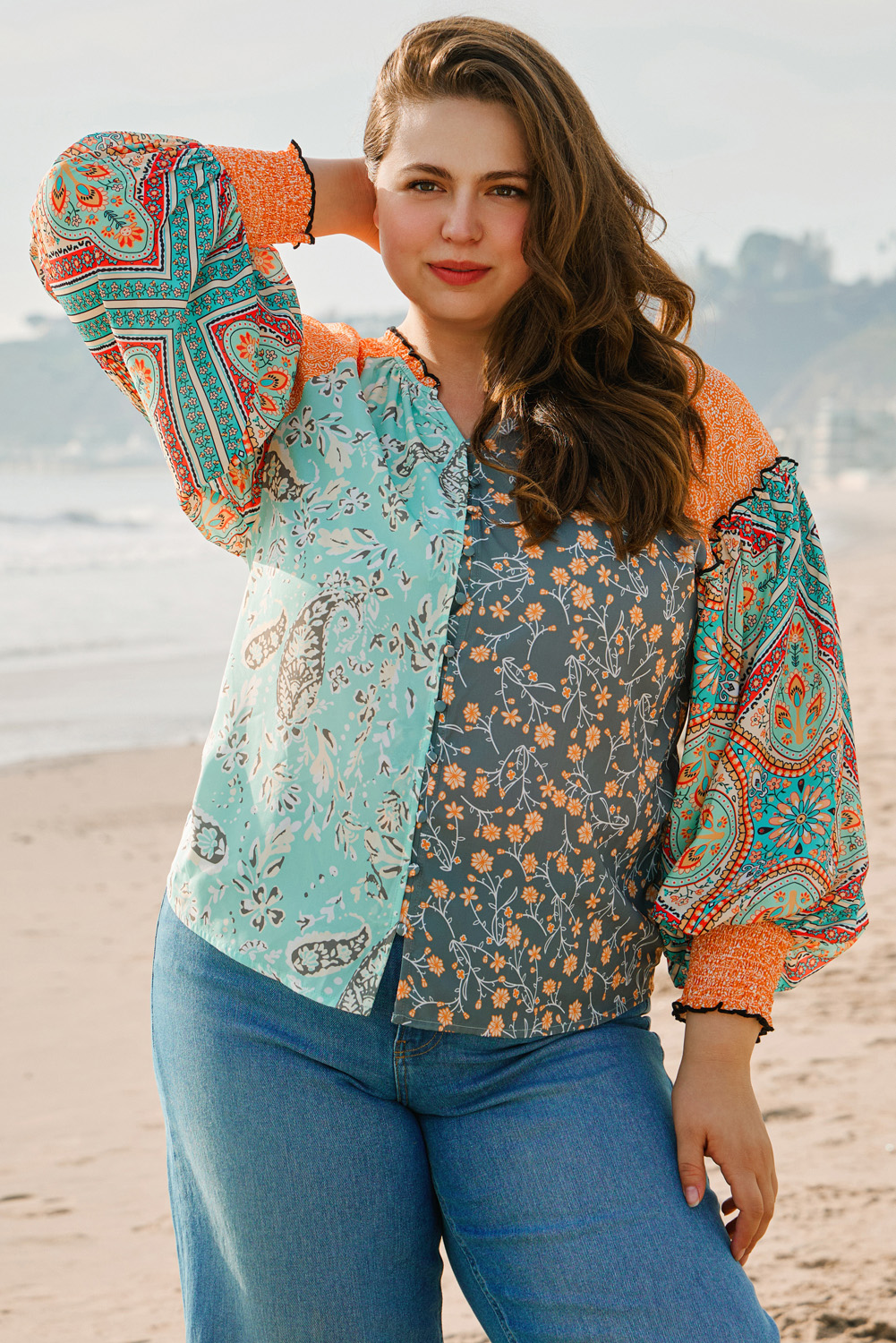 Green Floral Patchwork Lantern Sleeve Buttoned V Neck Plus Size Blouse - loveforevers