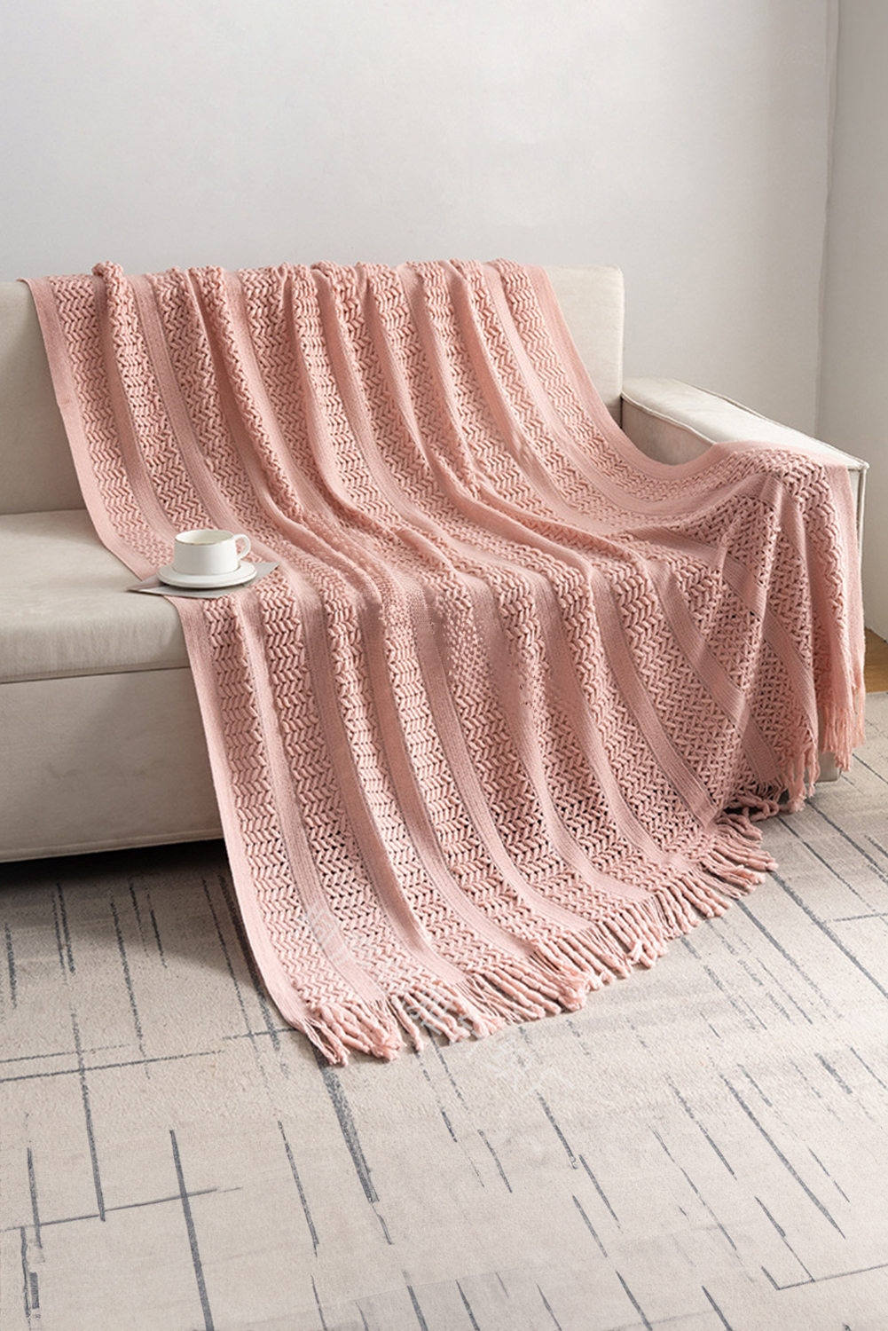 Dusty Pink Fashion Texture Design Tassel Trim Blanket - loveforevers