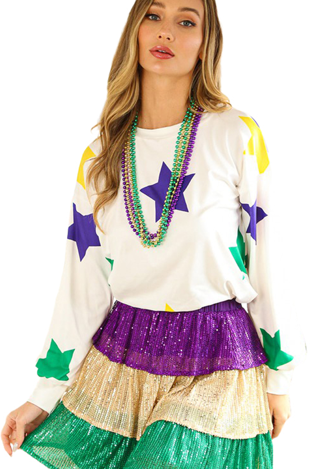 White Mardi Gras Star Printed Long Sleeve Top - loveforevers