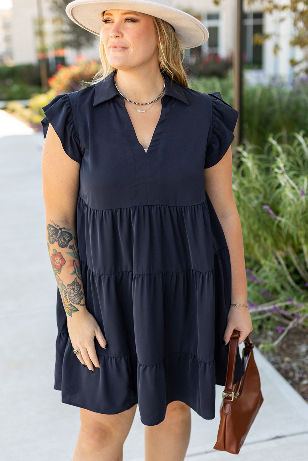 Navy Blue Collared V Neck Flutter Sleeve Tiered Plus Size Dress - loveforevers