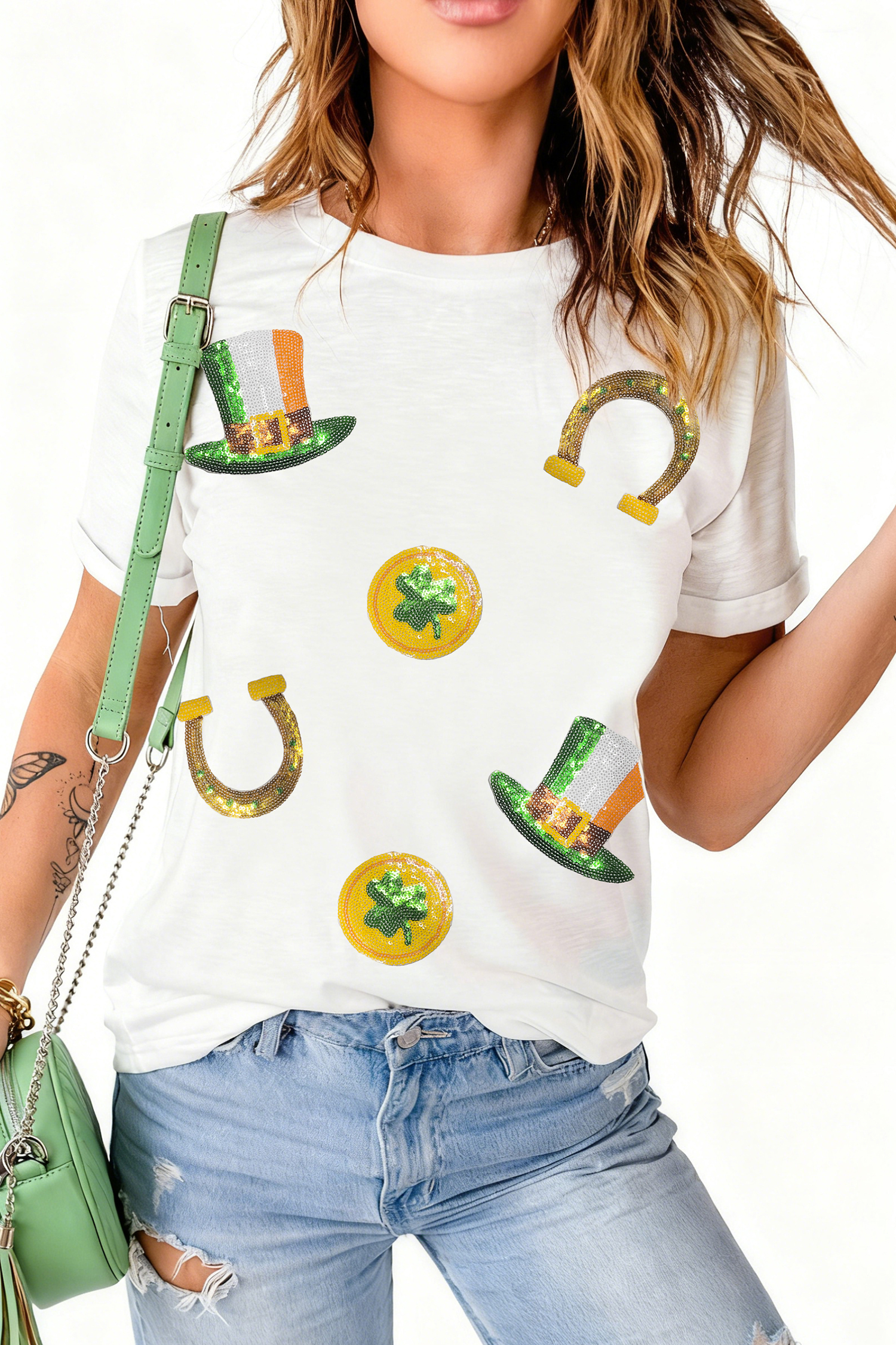 White St Patricks Day Sequin Graphic Casual T Shirt - loveforevers