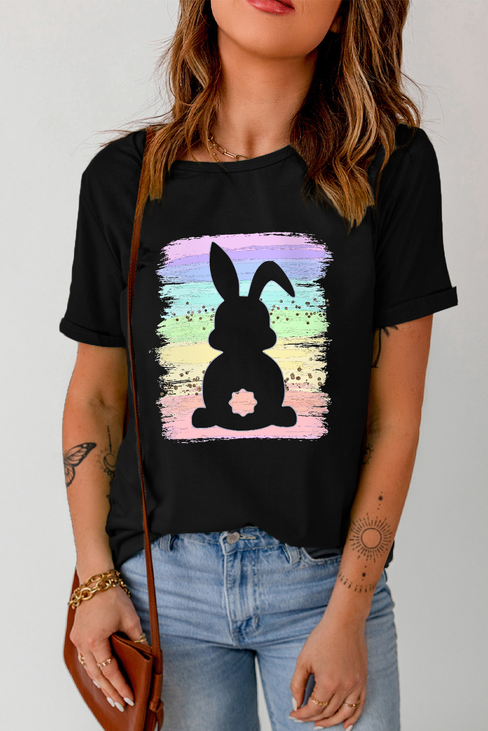White Rabbit Bow Knot Print Crew Neck T Shirt - loveforevers