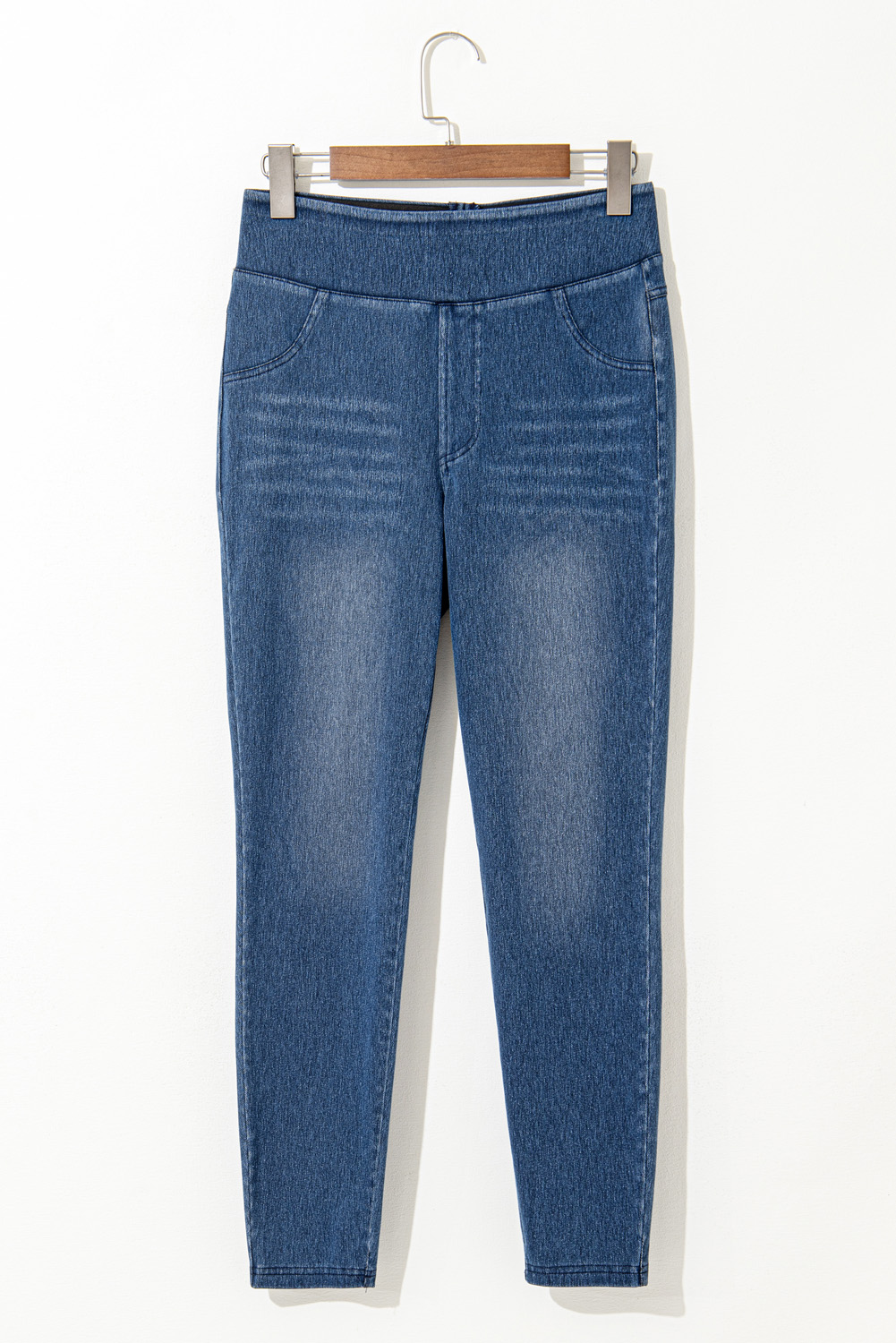 Navy Blue Skinny Elastic Waist Ankle Length Mid Waist Jeggings with Pockets - loveforevers