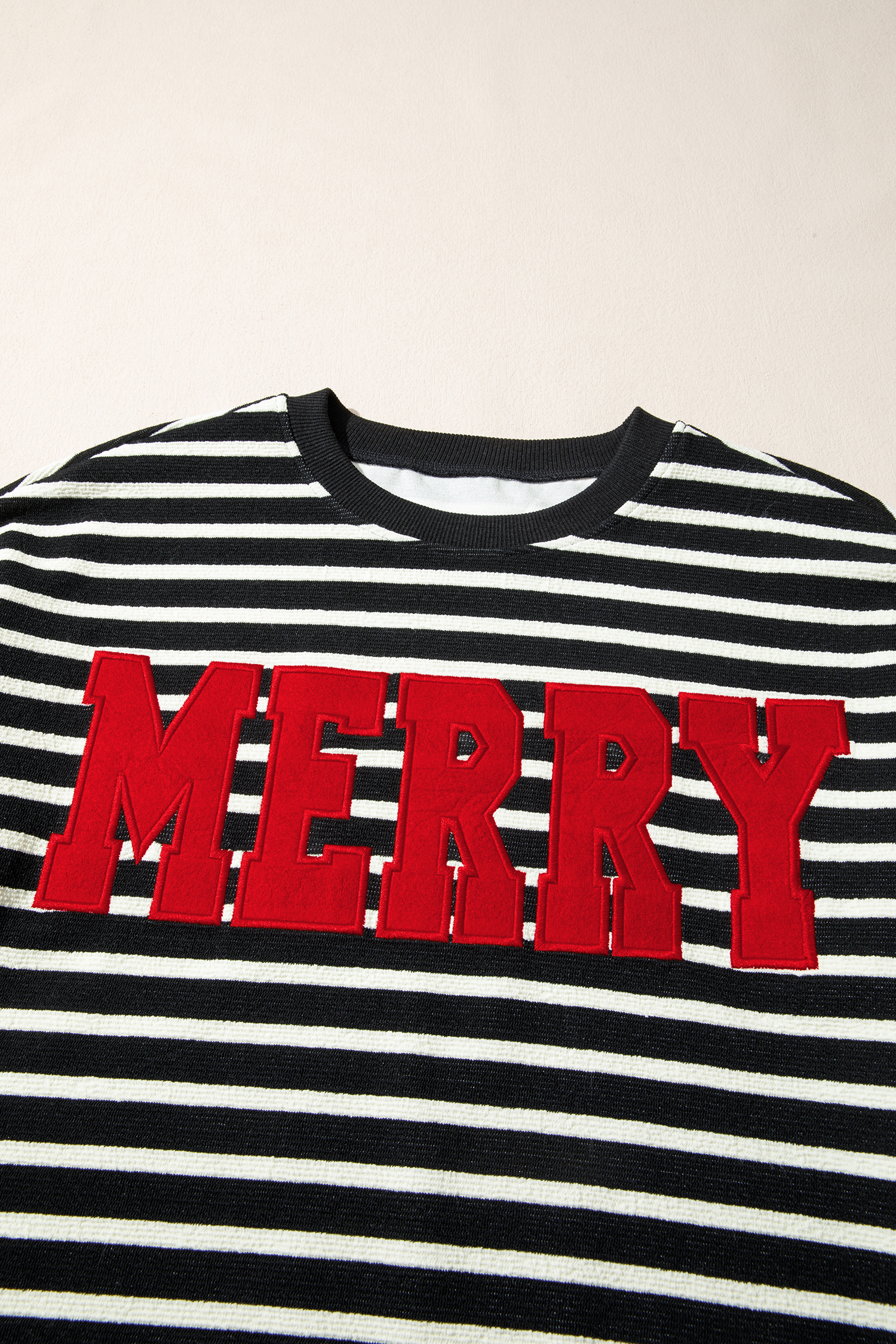 White Stripe Contrast MERRY Letter Christmas Print Drop Shoulder Sweatshirt - loveforevers
