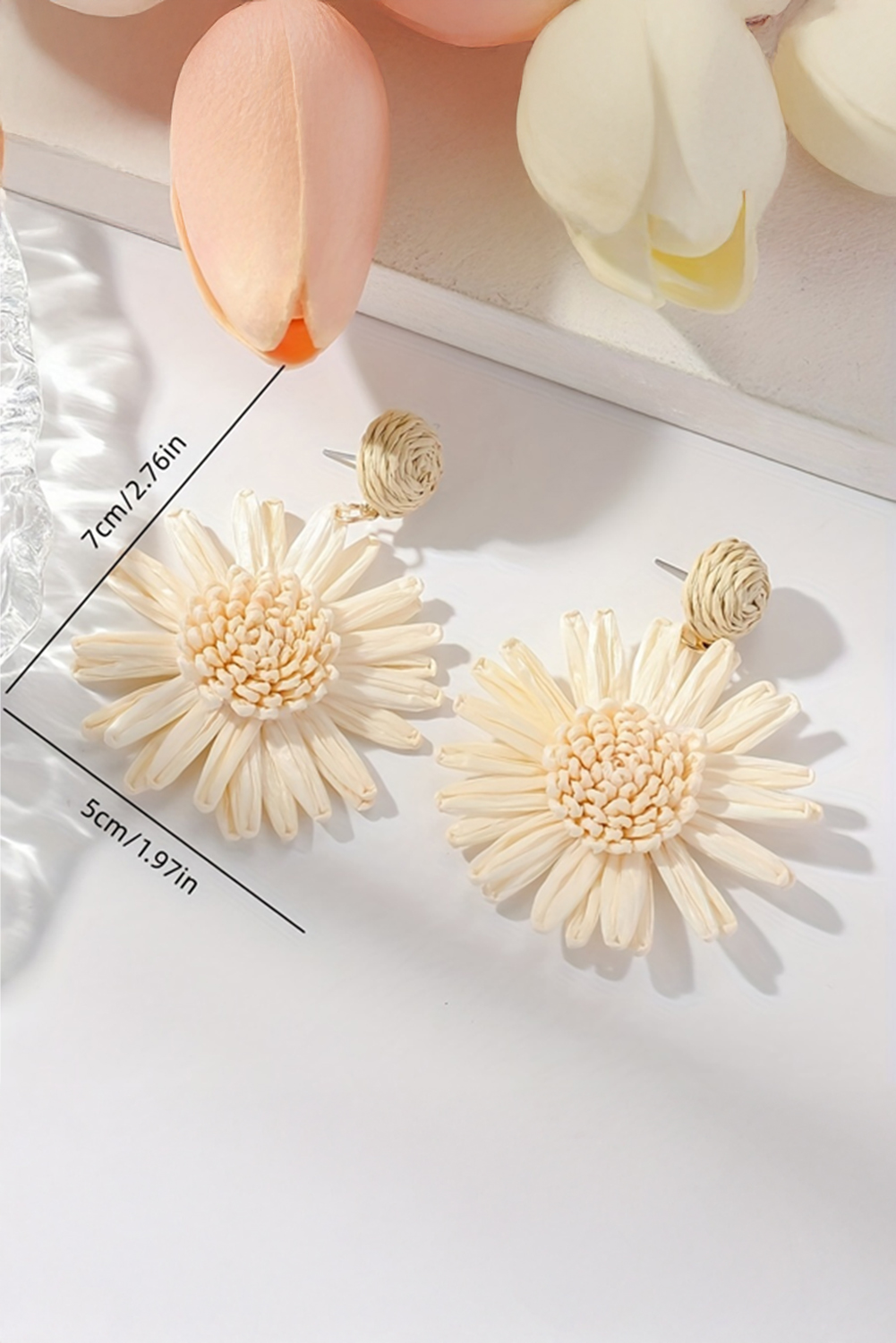 White Boho Raffia Crochet Sunflower Dangle Earrings - loveforevers