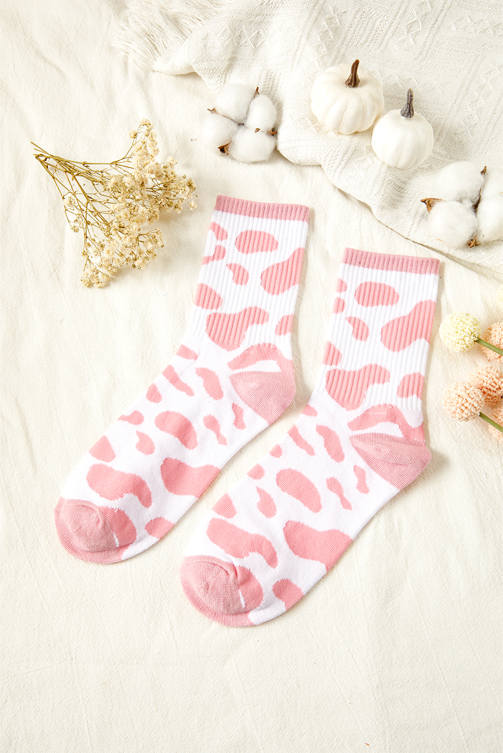 Pink Cow Print Ribbed Detail Crew Socks - loveforevers