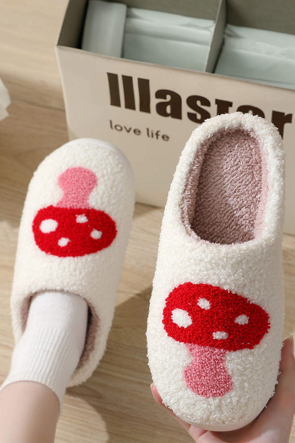 White Cute Cartoon Mushroom Graphic Fuzzy Winter Slippers - loveforevers