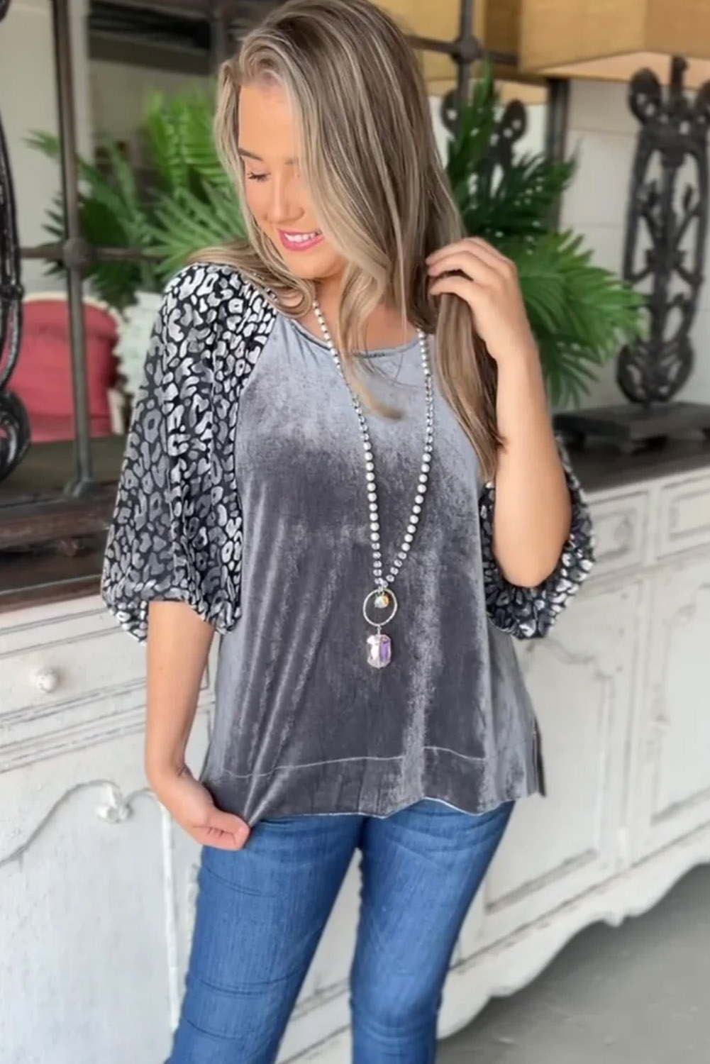 Medium Grey Leopard Splicing Lantern Sleeve Velvet Blouse - loveforevers
