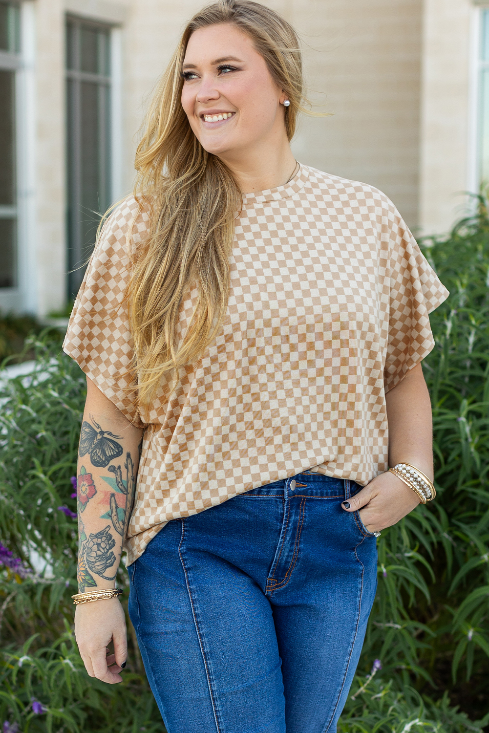 Khaki Checkerboard Short Batwing Sleeve Round Neck Plus Size T Shirt - loveforevers