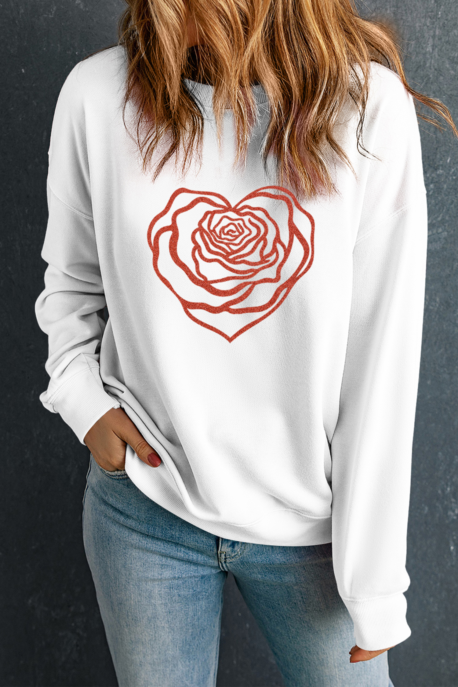 White Love Rose Shimmer Foil Printed Drop Shoulder Sweatshirt - loveforevers