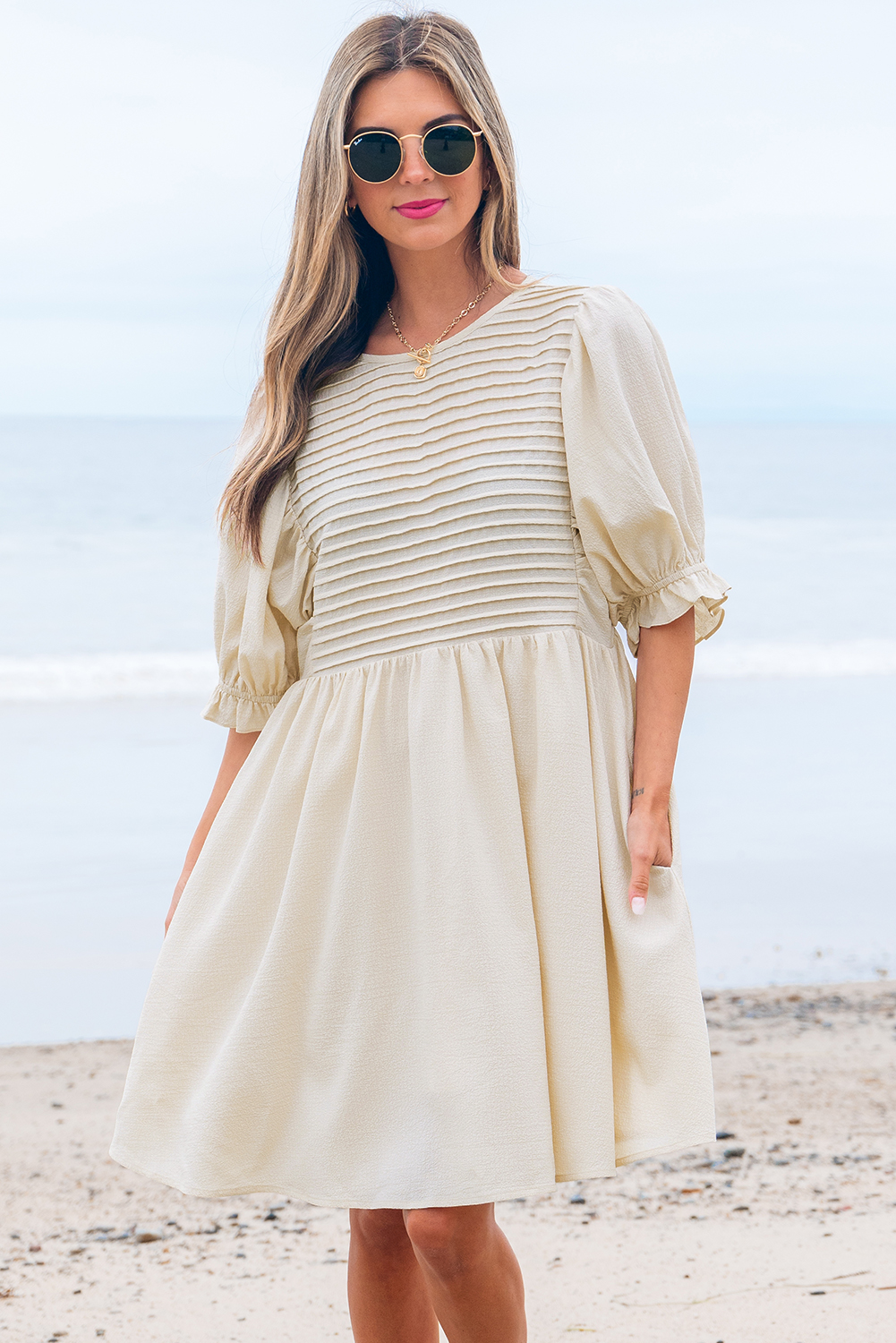 White Textured Ruffled Puff Sleeve Loose Dress - loveforevers