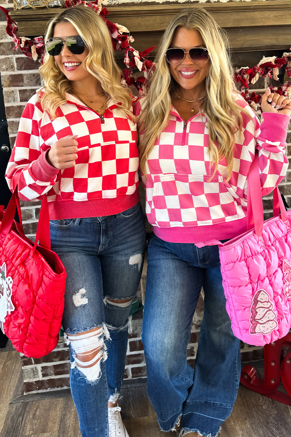Red Checkered Print Half Zip Hoodie Loose Pant Set - loveforevers