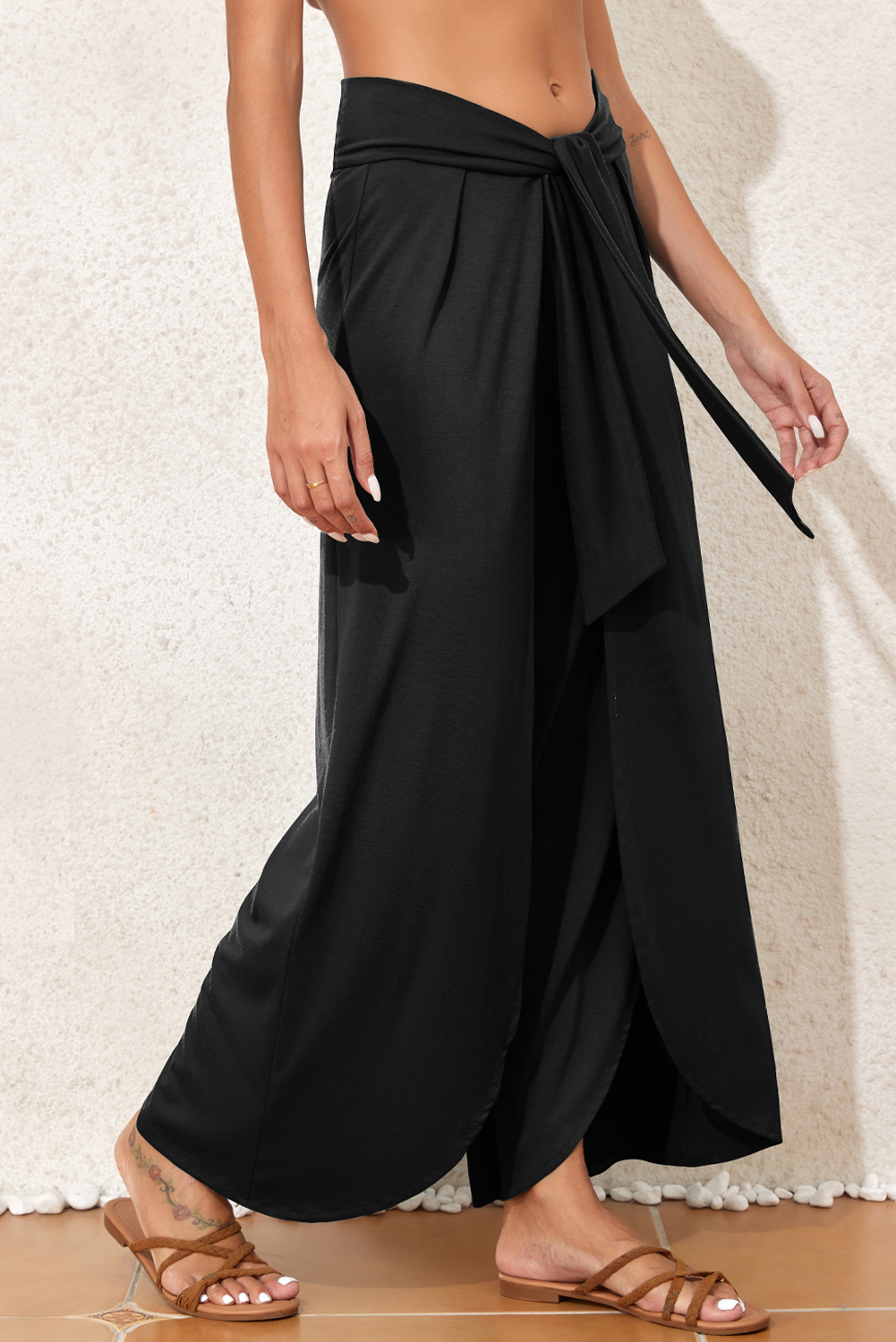 Medium Grey Knotted Drop Waist Split Leg Relaxed Pants - loveforevers