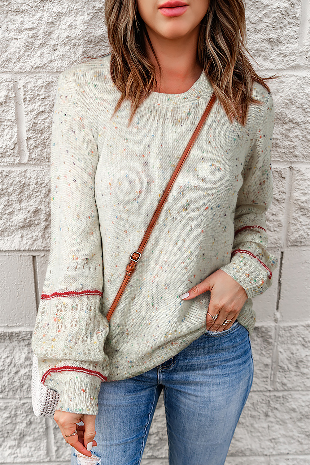White Pilling Detail Patterned Sleeve Sweater - loveforevers