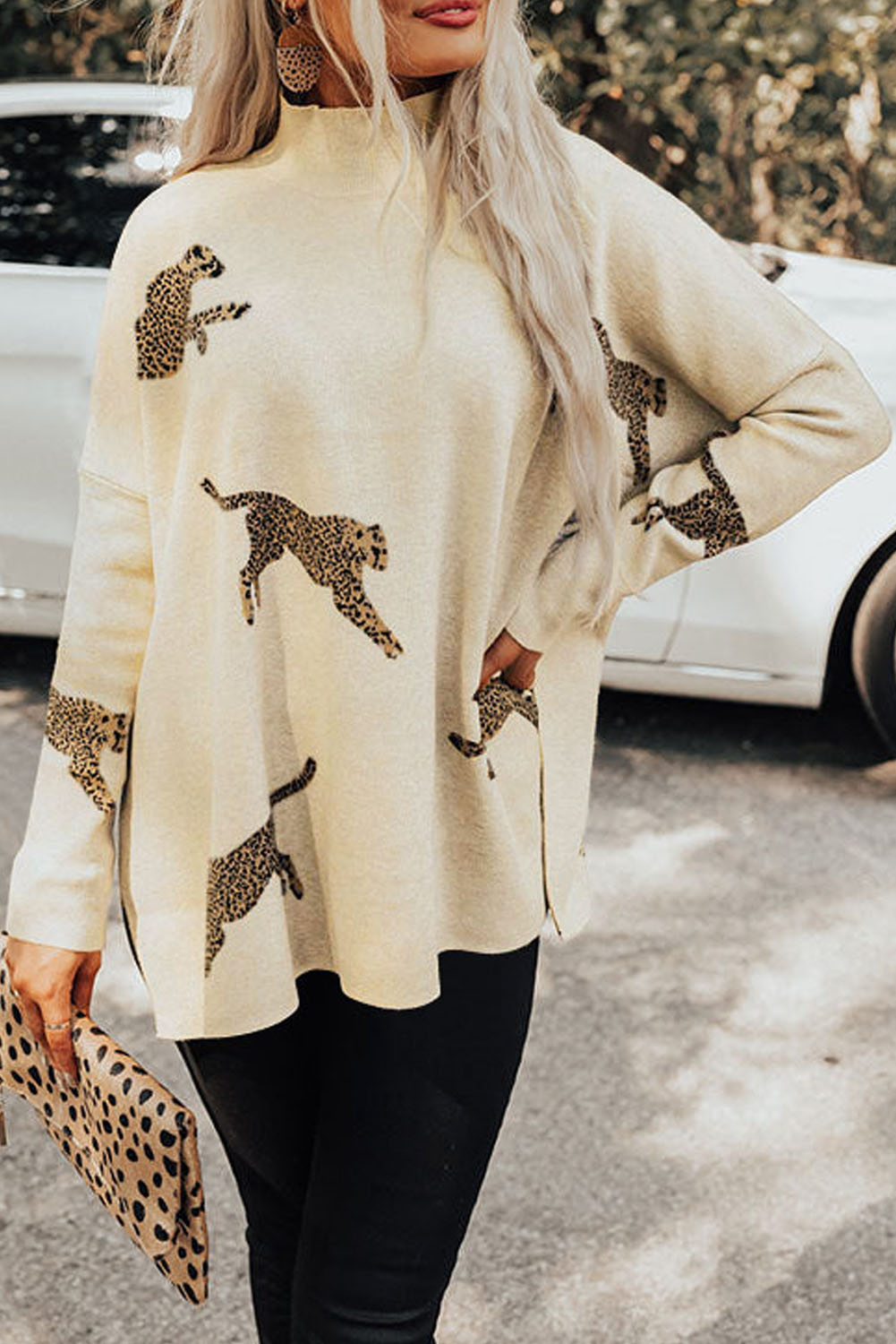 Parchment Lively Cheetah Print High Neck Split Hem Sweater - loveforevers