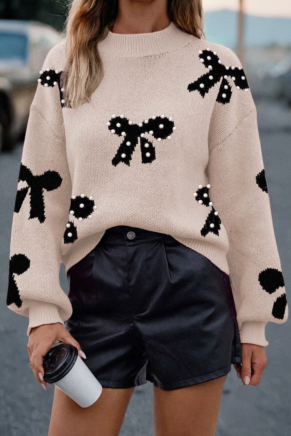 Bright Pink Pearl Embellished Bow Pattern Loose Sweater - loveforevers