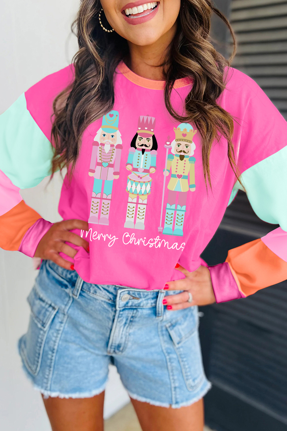 Rose Red Nutcracker Merry Christmas Graphic Colorblock Long Sleeve Tee - loveforevers