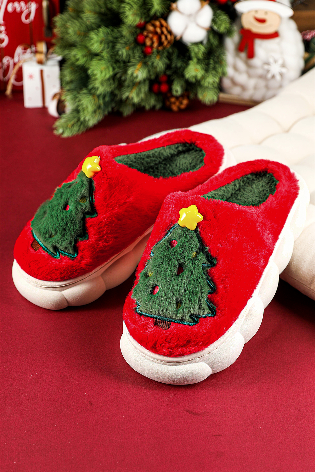Fiery Red Christmas Tree Graphic Thick Sole Plush Slippers - loveforevers