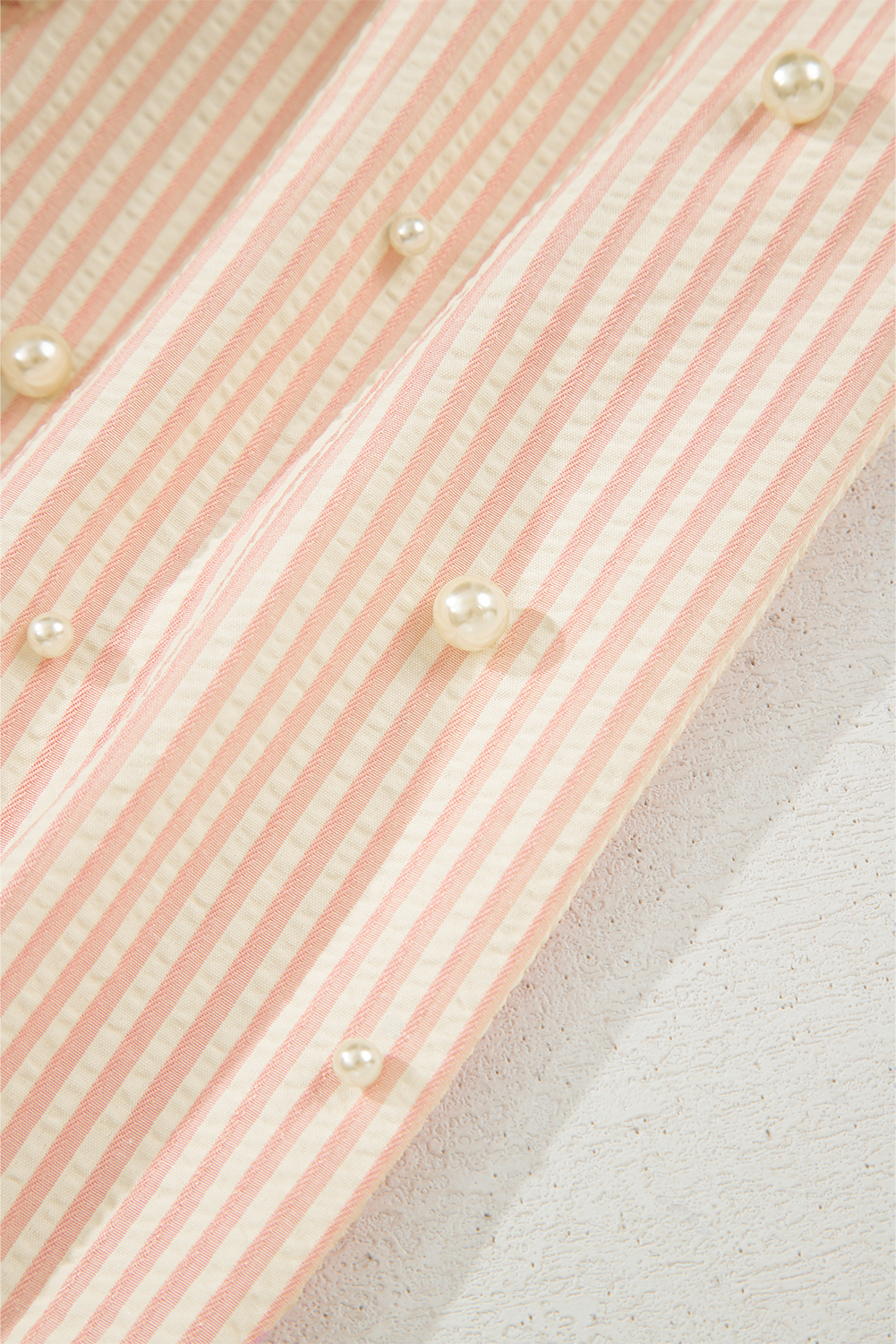 Pink Stripe Bow Knot Cuff Pearl Embellished Puff Sleeve V Neck Blouse - loveforevers