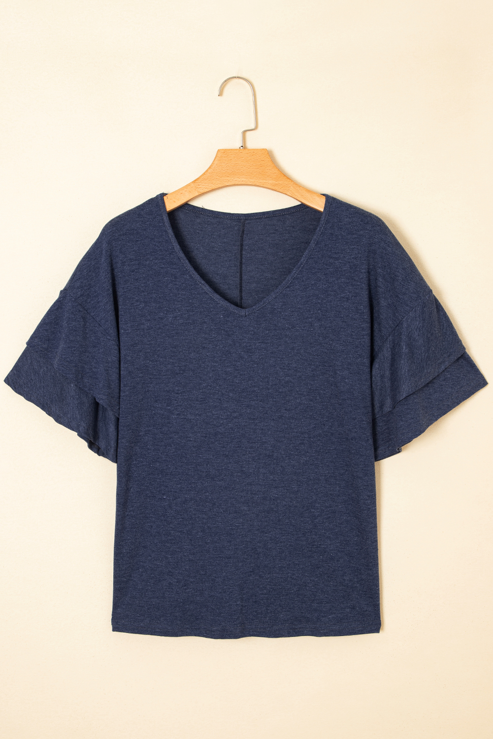 Sail Blue Solid Colour V-Neck Double Layer Sleeve Loose T-Shirt - loveforevers
