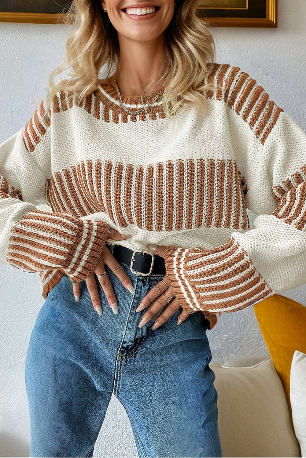 Khaki Two Tone Striped Patchwork Drop Shoulder Loose Sweater - loveforevers