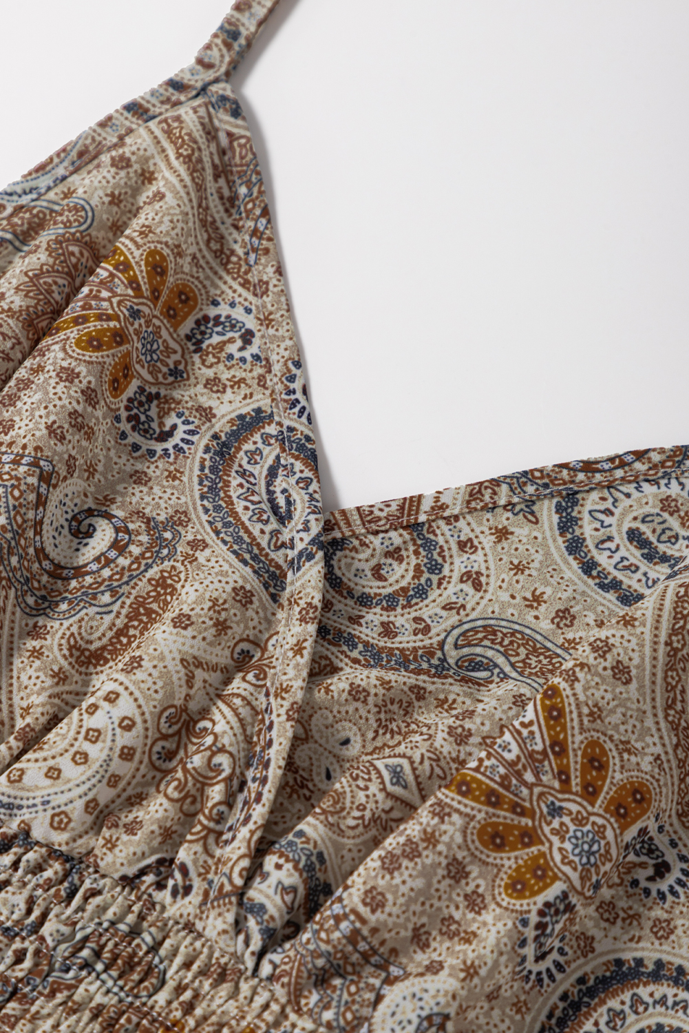Khaki Paisley Printed Spaghetti Strap V Neck Smocked Babydoll Tank Top - loveforevers