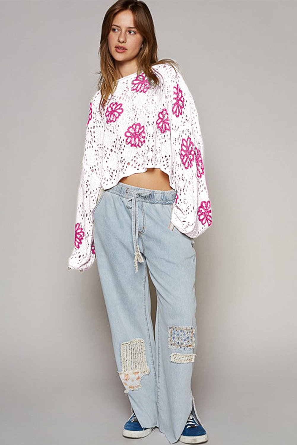 Beige Contrast Flower Print Eyelet Drop Shoulder Sweater - loveforevers