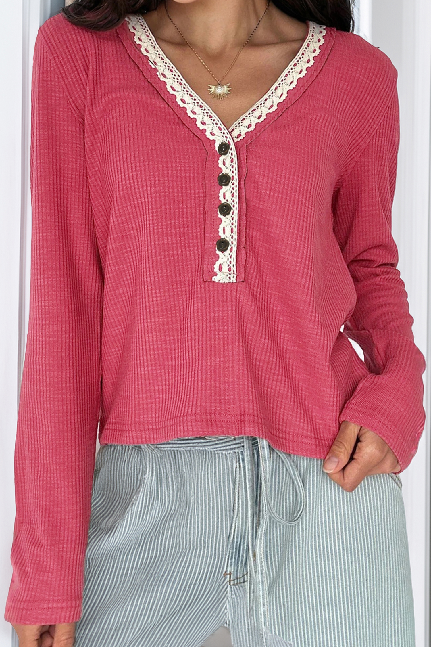 Racing Red Ribbed Texture Contrasted Lace Trim Button V Neck Long Sleeve Top - loveforevers