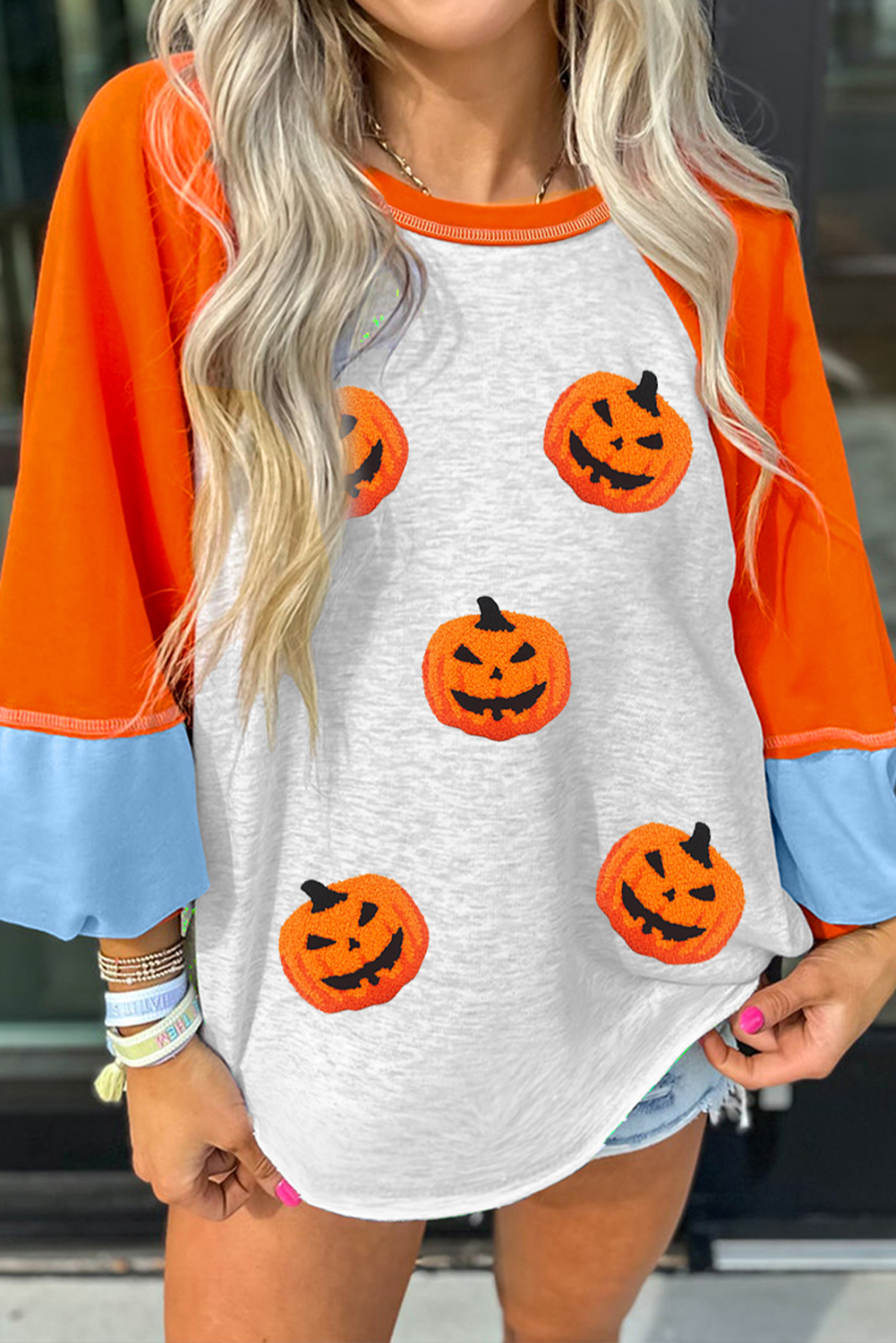 Light Grey Chenille Halloween Pumpkin Patched Color Block Patchwork Long Sleeve Top - loveforevers